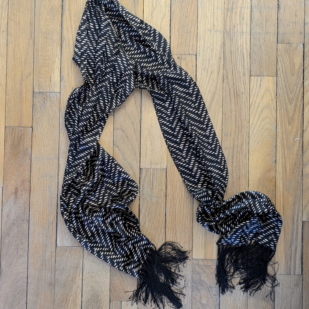 Vintage 100% Silk Scarf | Black & White Dash Print | Fringed